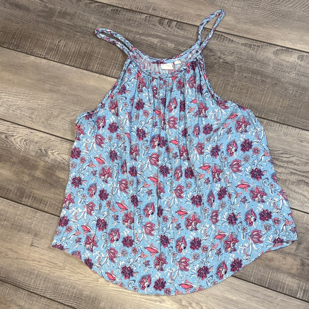 Gap Blue Pink Floral Flowy Boho Tank Crinkle Fabric EUC XL